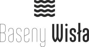 Logo Baseny Wisła z czarnym symbolem fal i minimalistycznym napisem na przezroczystym tle.